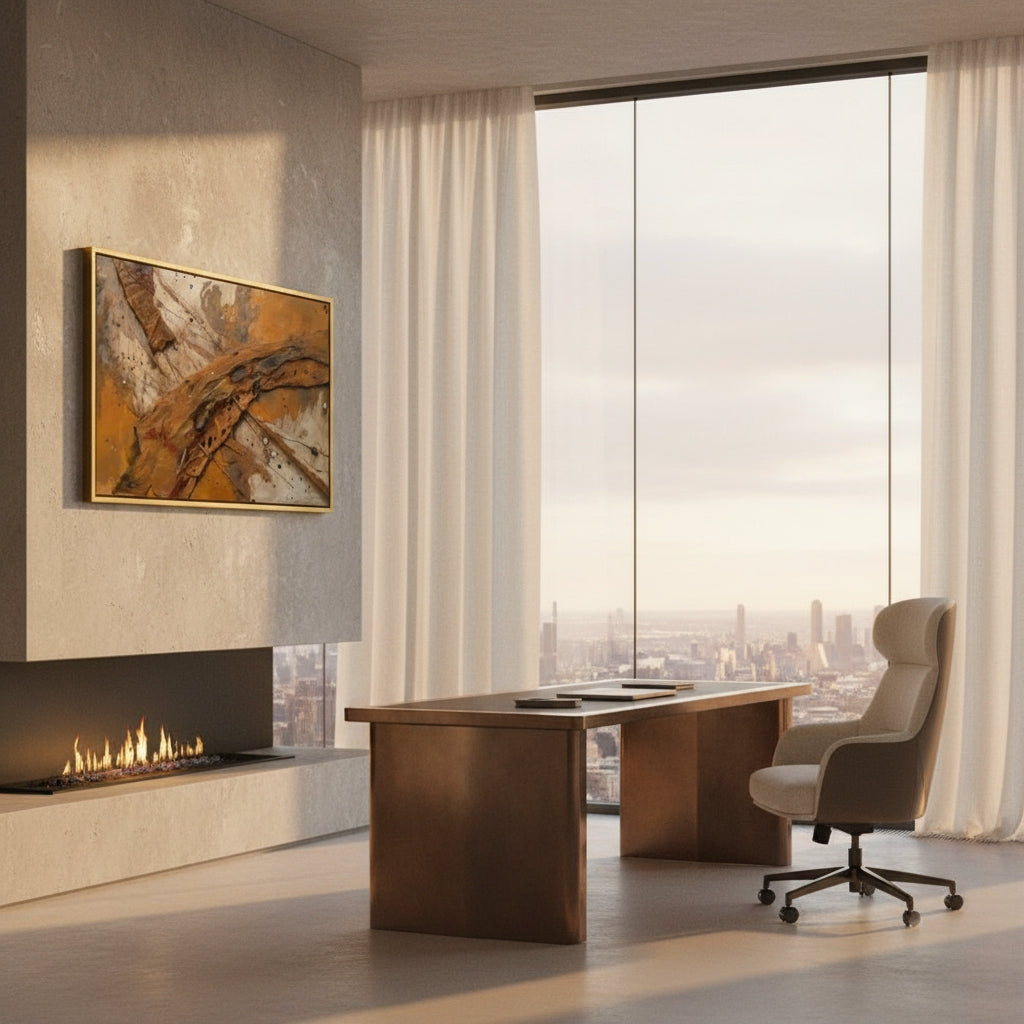 Modern office space with a large desk, chair, and wall art in a room with large windows.