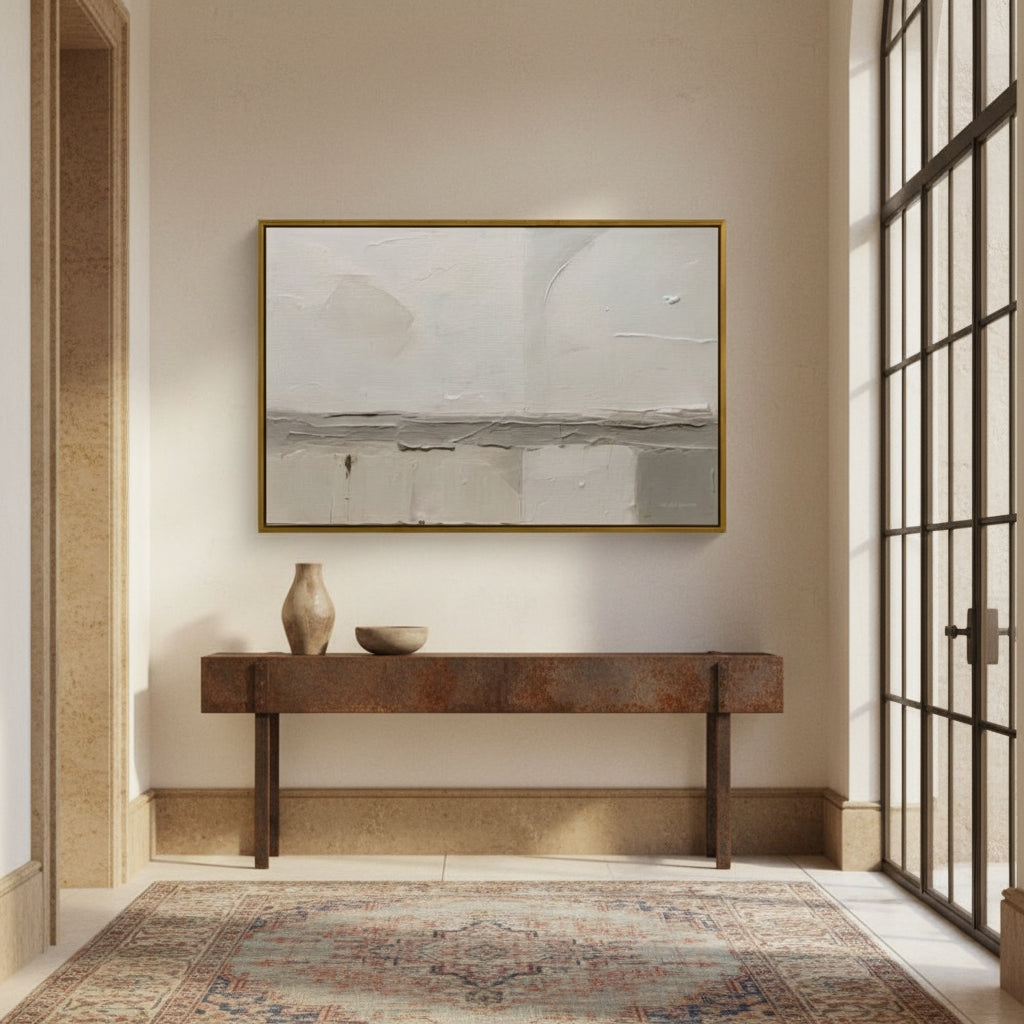 Modern interior with a console table, abstract painting, and large window.