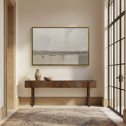 Modern interior with a console table, abstract painting, and large window.