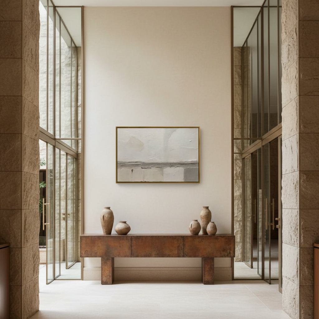 Modern interior with a wooden console table and decorative vases against a neutral wall.