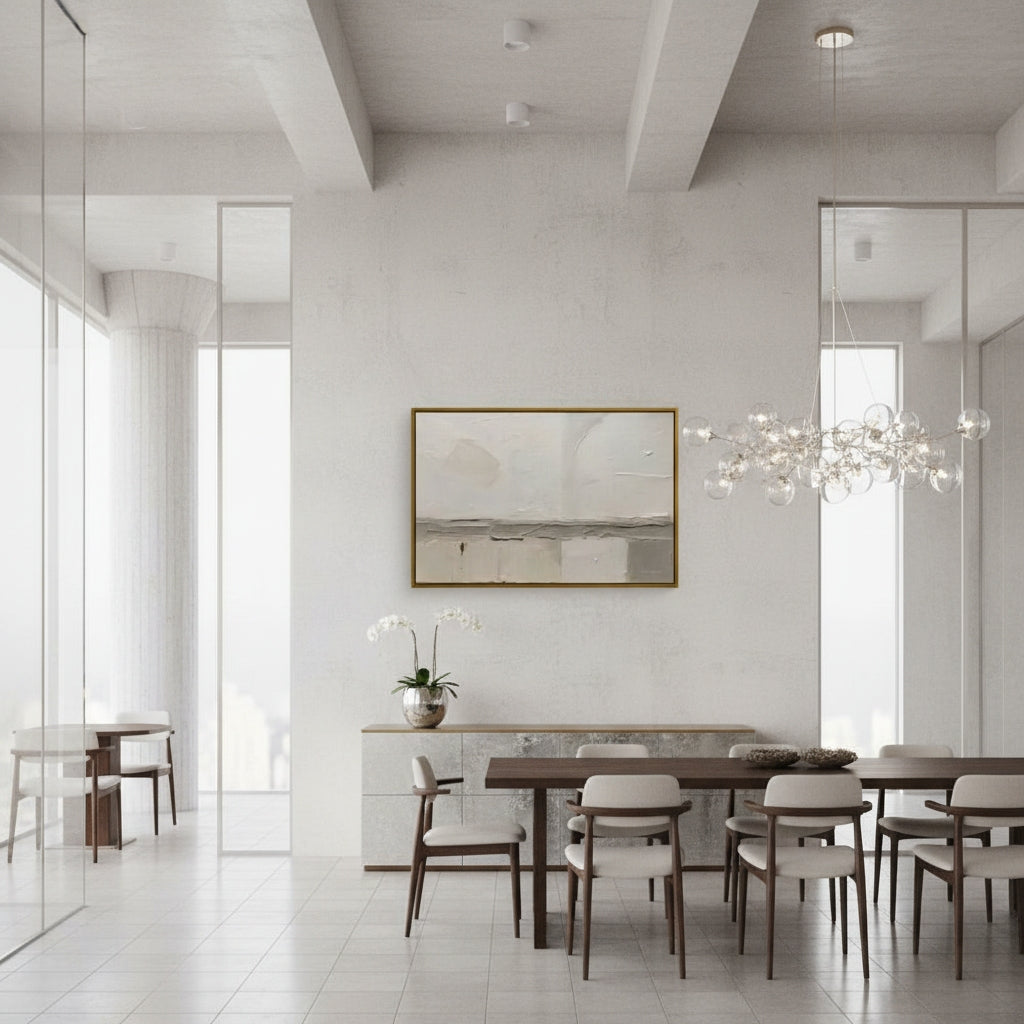 Modern dining room with a long wooden table and chairs, white walls, and a chandelier.