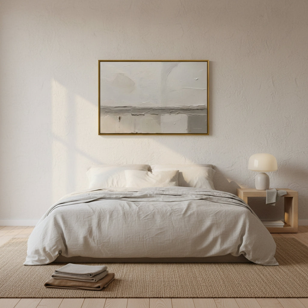 Modern bedroom with a bed, nightstand, and framed artwork on the wall.
