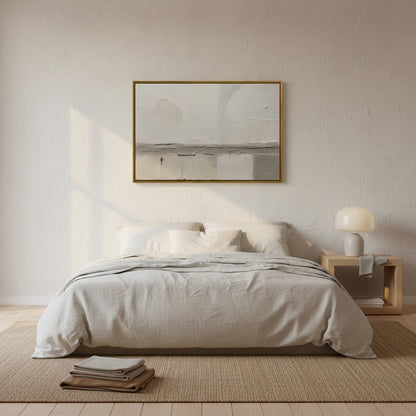 Modern bedroom with a bed, nightstand, and framed artwork on the wall.