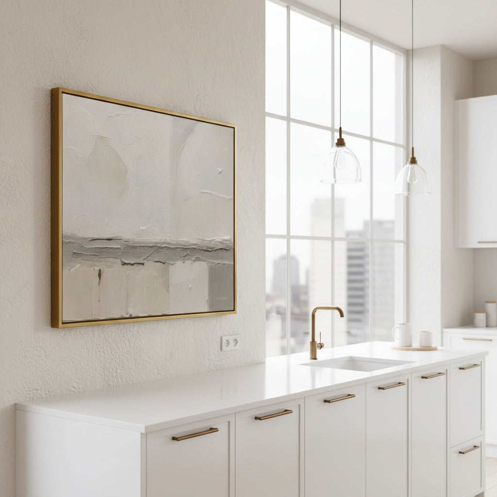 Modern kitchen with white cabinets, gold fixtures, and a large window.