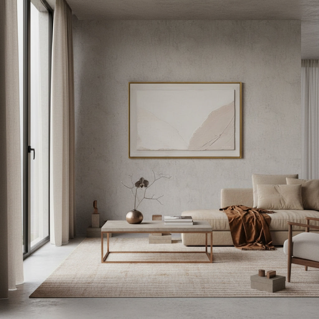Modern living room with neutral tones, a sofa, coffee table, and abstract art on the wall.