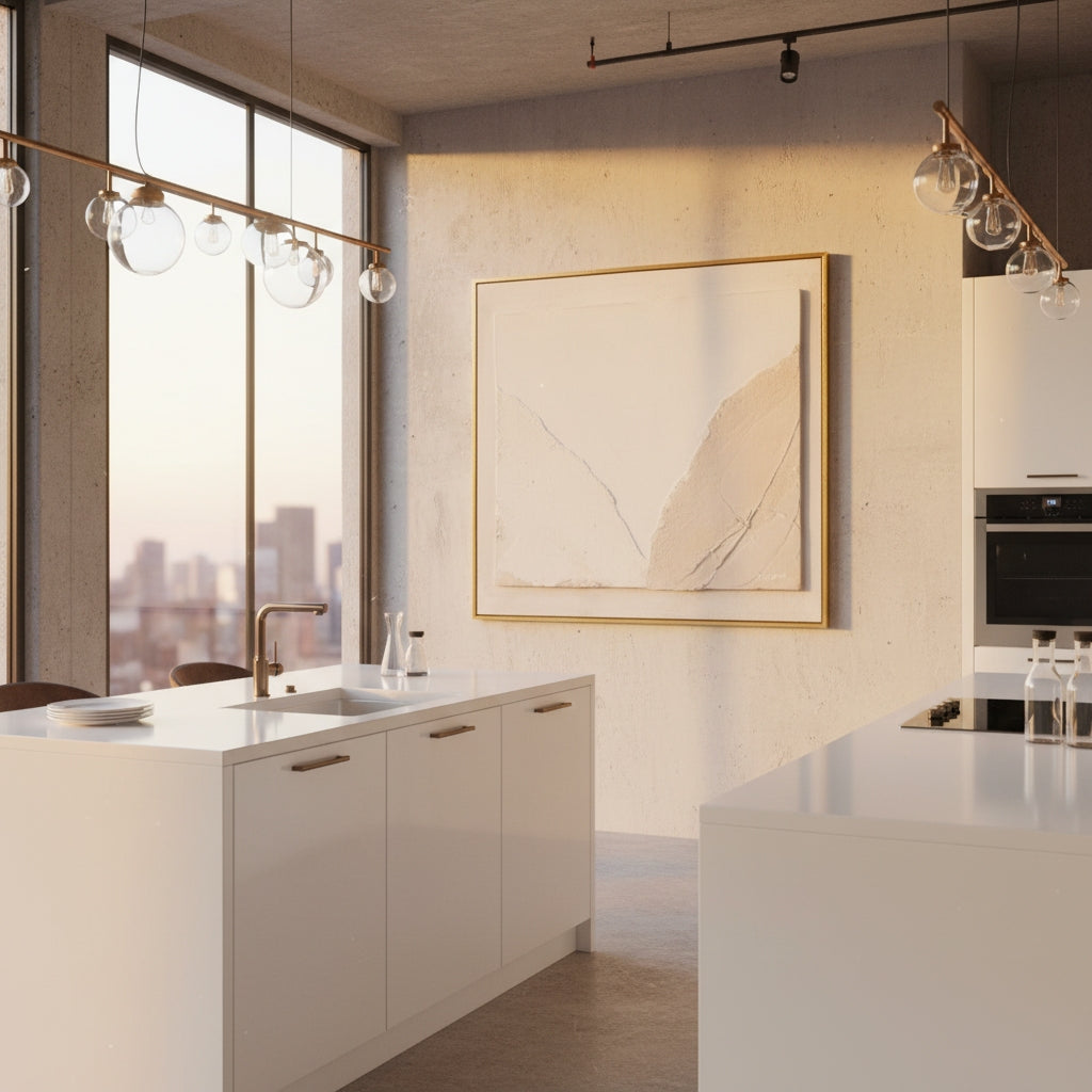 Modern kitchen with white cabinets, a sink, and abstract art on the wall.