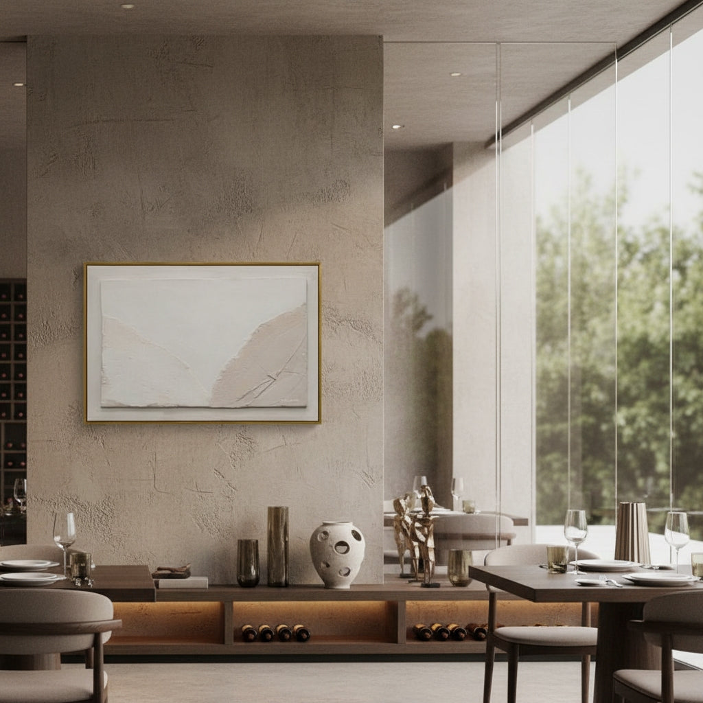 Modern dining room with abstract art on the wall and large windows.