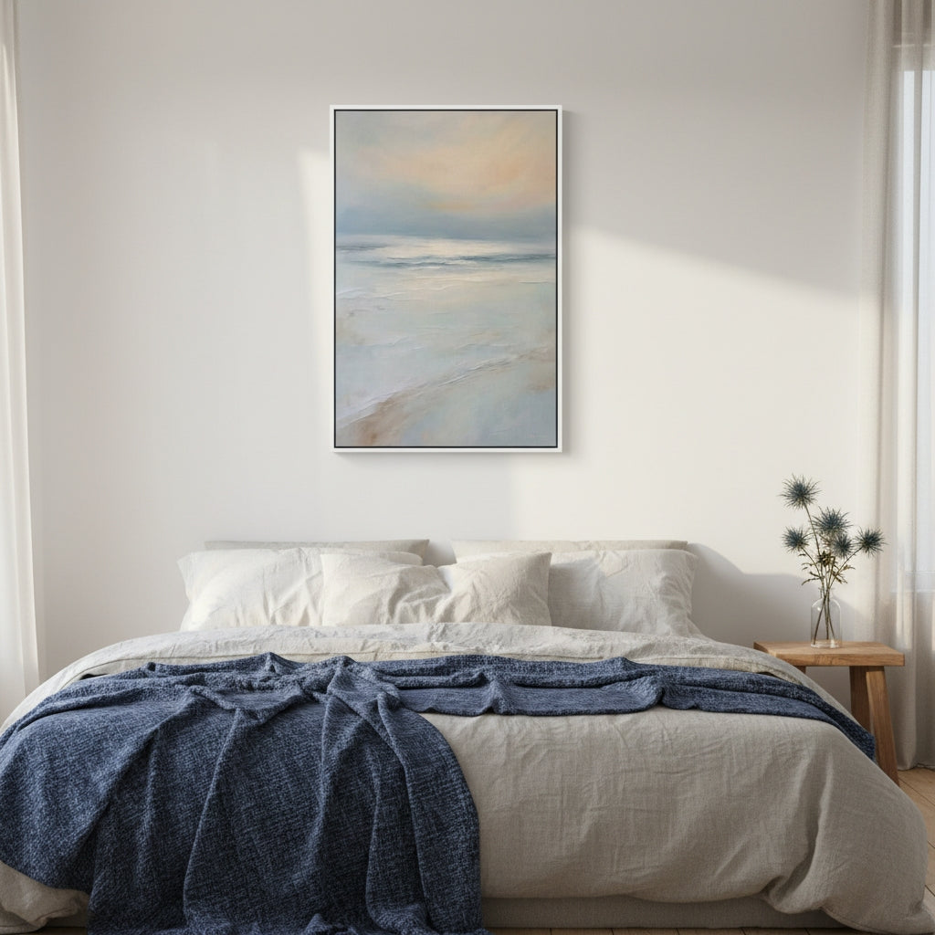 Bedroom with a bed, blue blanket, and abstract painting on the wall.