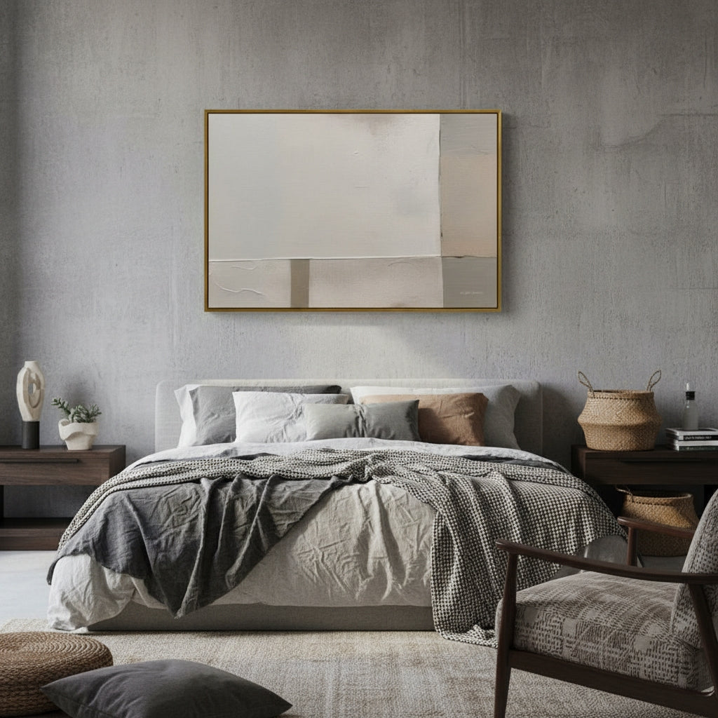 Modern bedroom with a bed, abstract painting, and minimal decor.