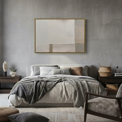 Modern bedroom with a bed, abstract painting, and minimal decor.