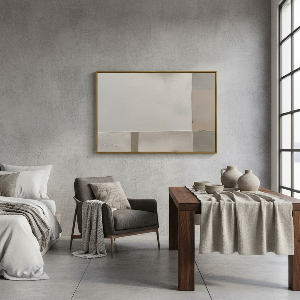 Modern interior with a bed, armchair, and dining table against a concrete wall with abstract art.