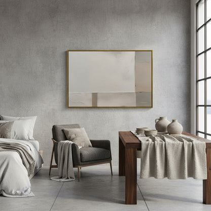 Modern interior with a bed, armchair, and dining table against a concrete wall with abstract art.