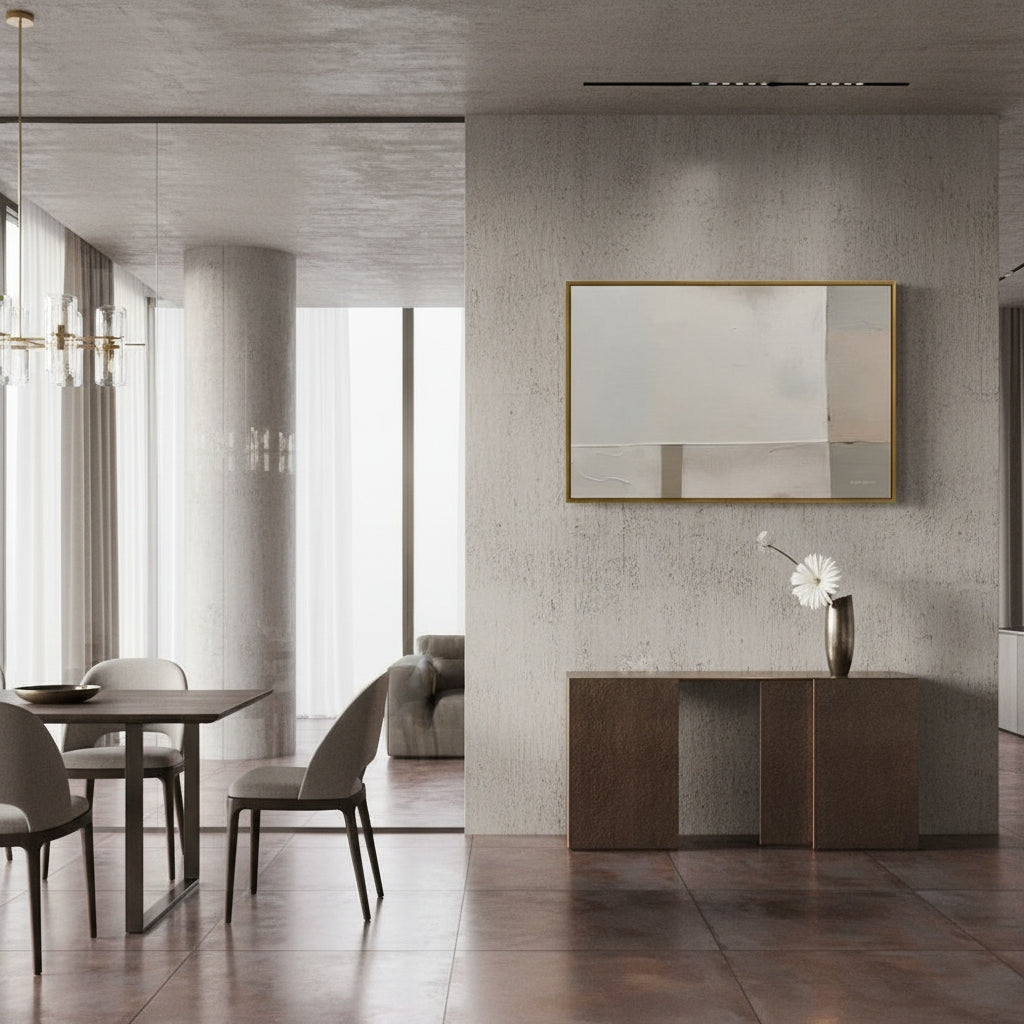 Modern interior design of a living room with a mirror on the wall.