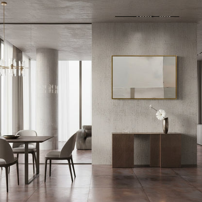 Modern interior design of a living room with a mirror on the wall.