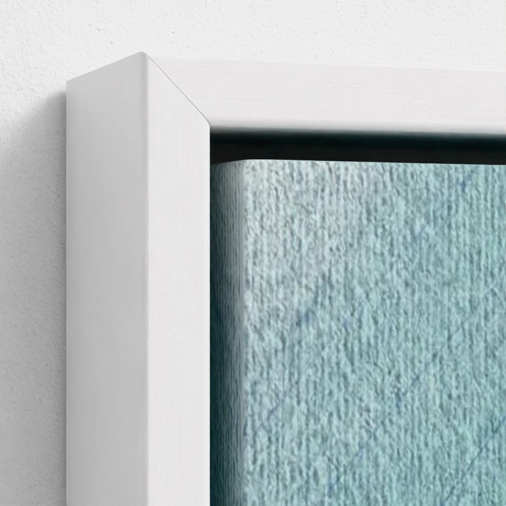 Close-up of a textured blue fabric with a white frame on a light gray background