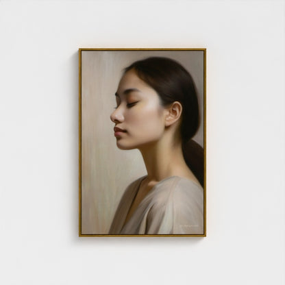 Framed portrait of a woman with a neutral expression on a light gray background