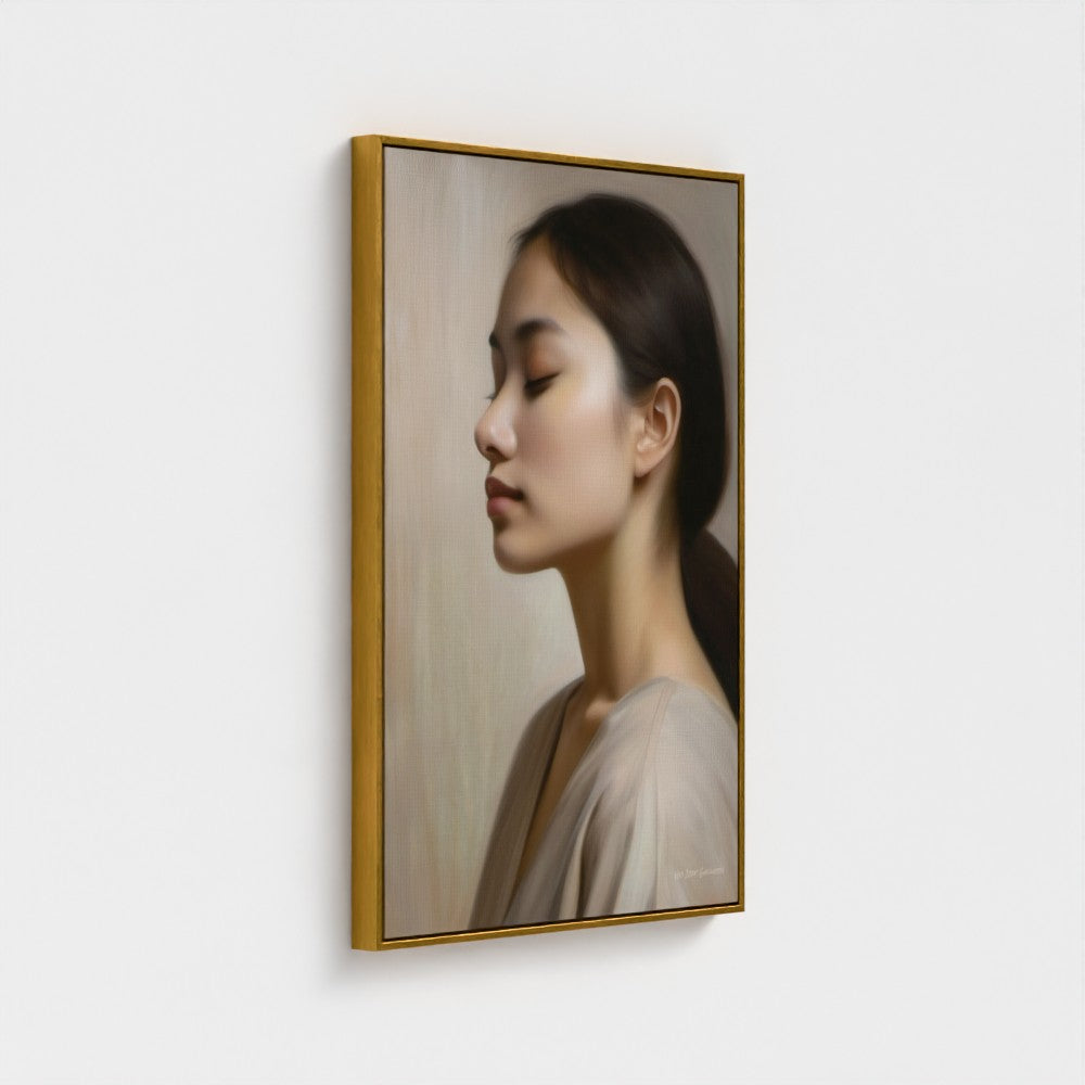 Framed portrait of a woman with a neutral expression on a white wall
