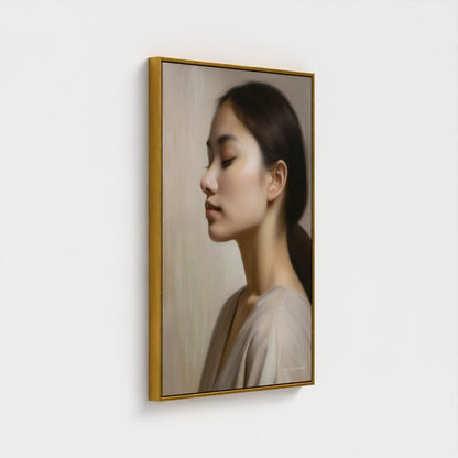 Framed portrait of a woman with a neutral expression on a white wall