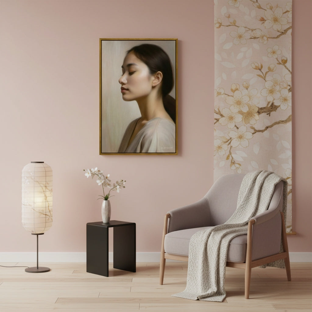 Modern living room with a framed portrait, lamp, and armchair.