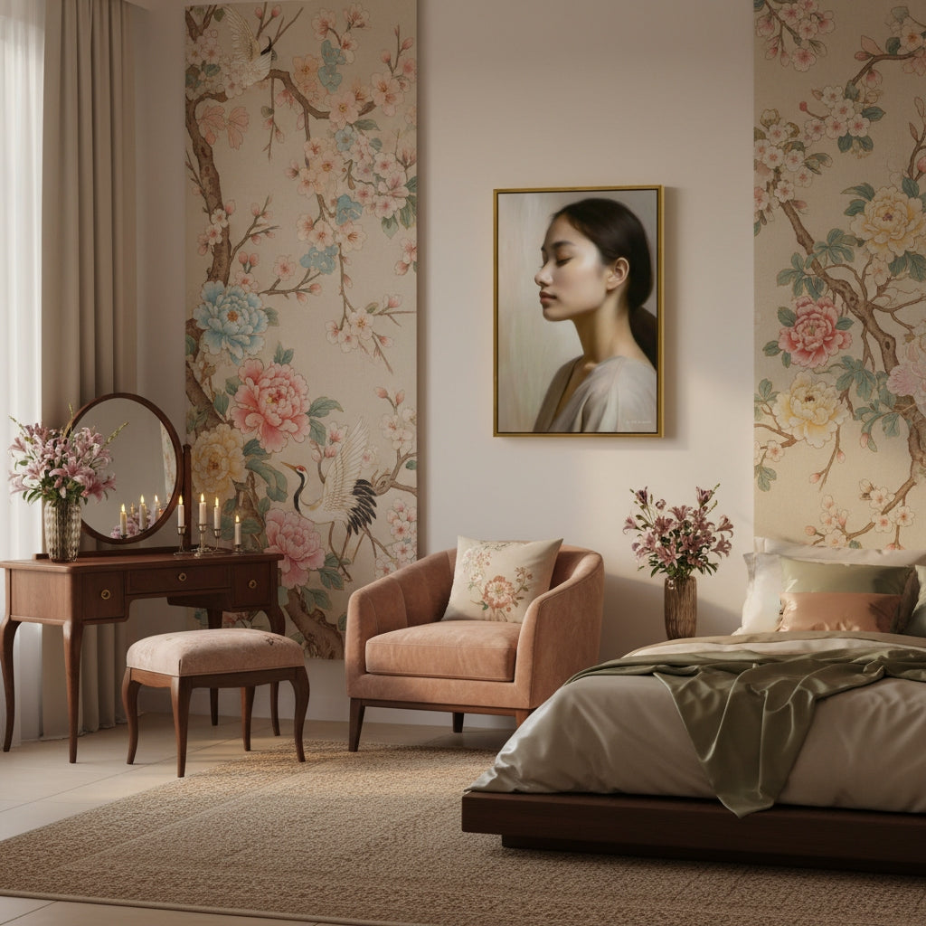 Decorative bedroom with floral wallpaper, a painting of a woman, and a pink armchair.