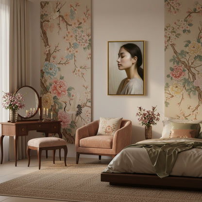 Decorative bedroom with floral wallpaper, a painting of a woman, and a pink armchair.