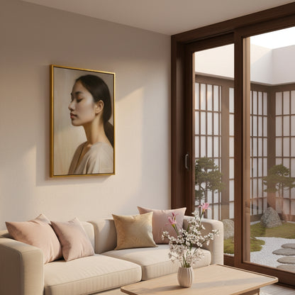 Living room with a beige sofa, decorative pillows, a coffee table with flowers, and a framed portrait on the wall.