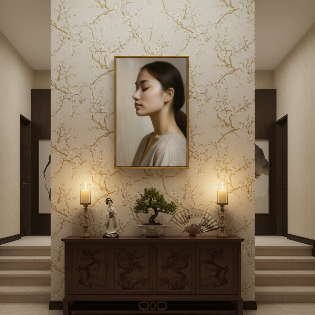 Decorative interior with a portrait on the wall, wooden cabinet, and candles.