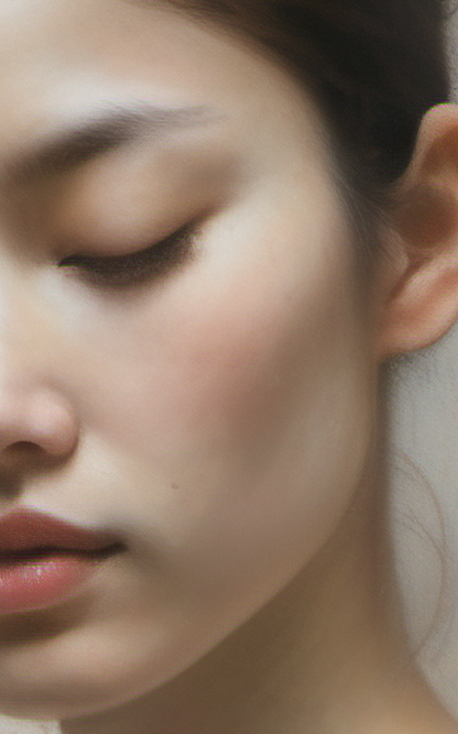 Close-up of a person's face with a neutral expression