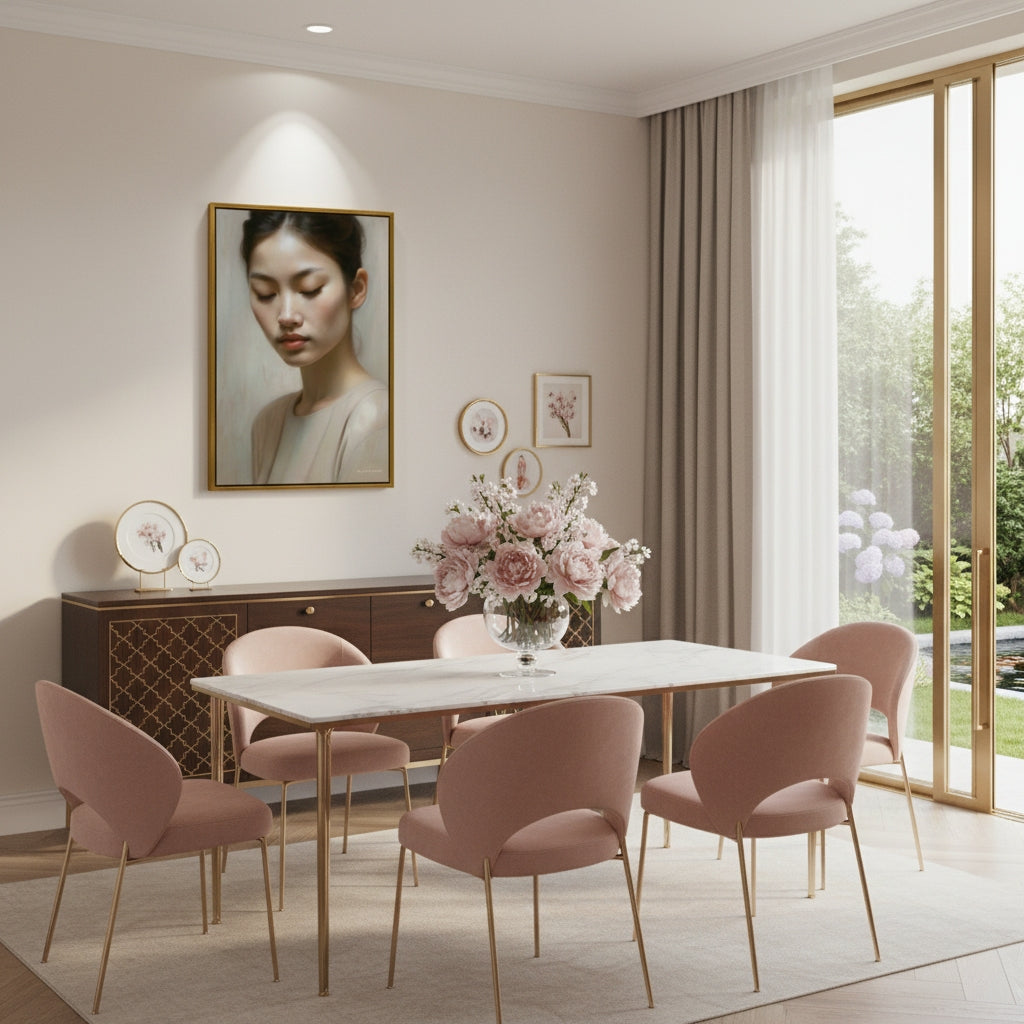 Modern dining room with pink chairs, a white table, and decorative elements.