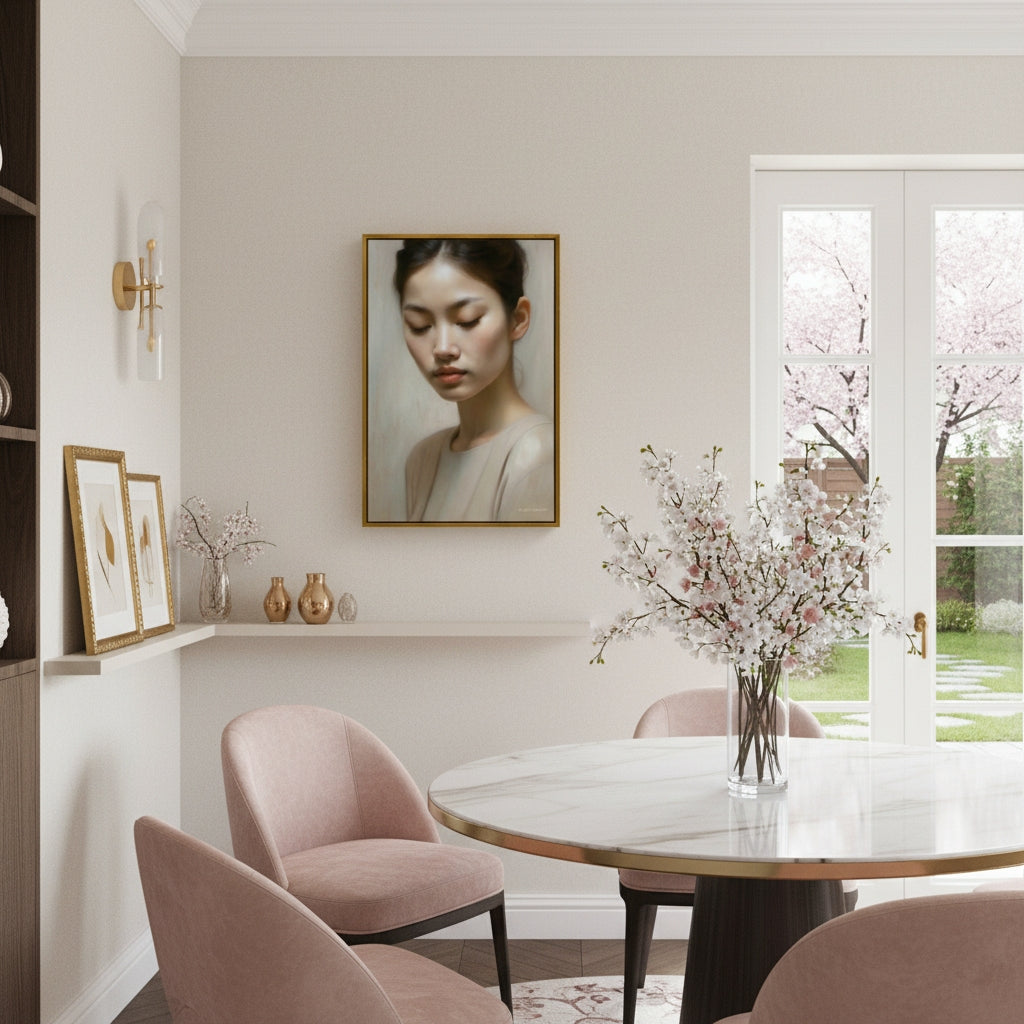 Dining room with round table, pink chairs, and a portrait on the wall.
