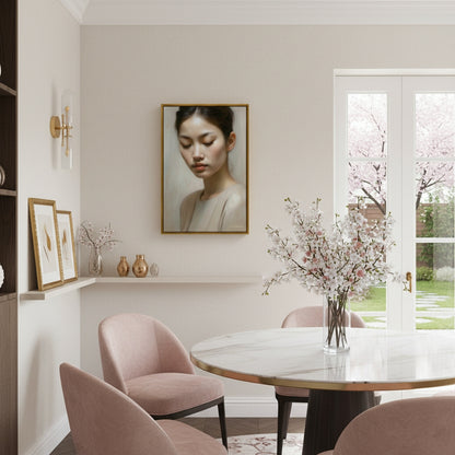 Dining room with round table, pink chairs, and a portrait on the wall.