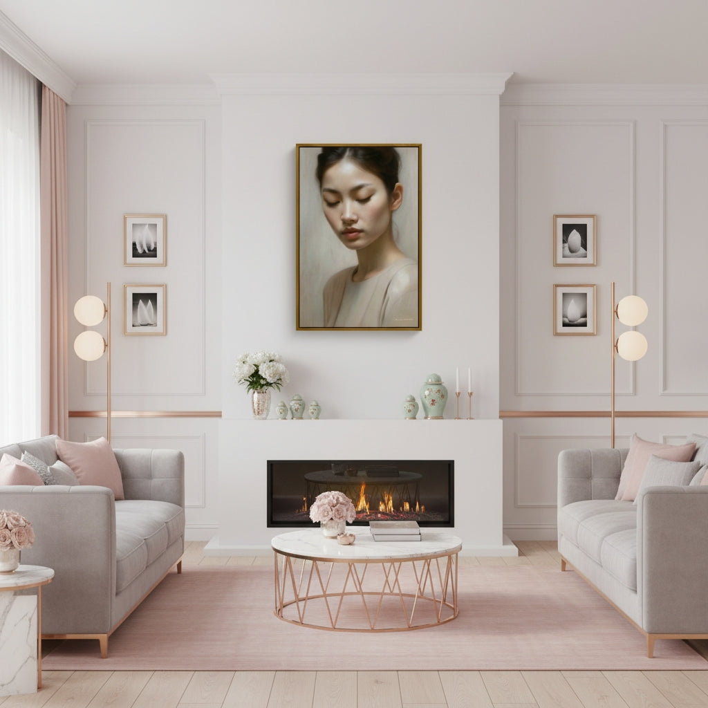 Modern living room with a fireplace, gray sofas, and decorative elements.