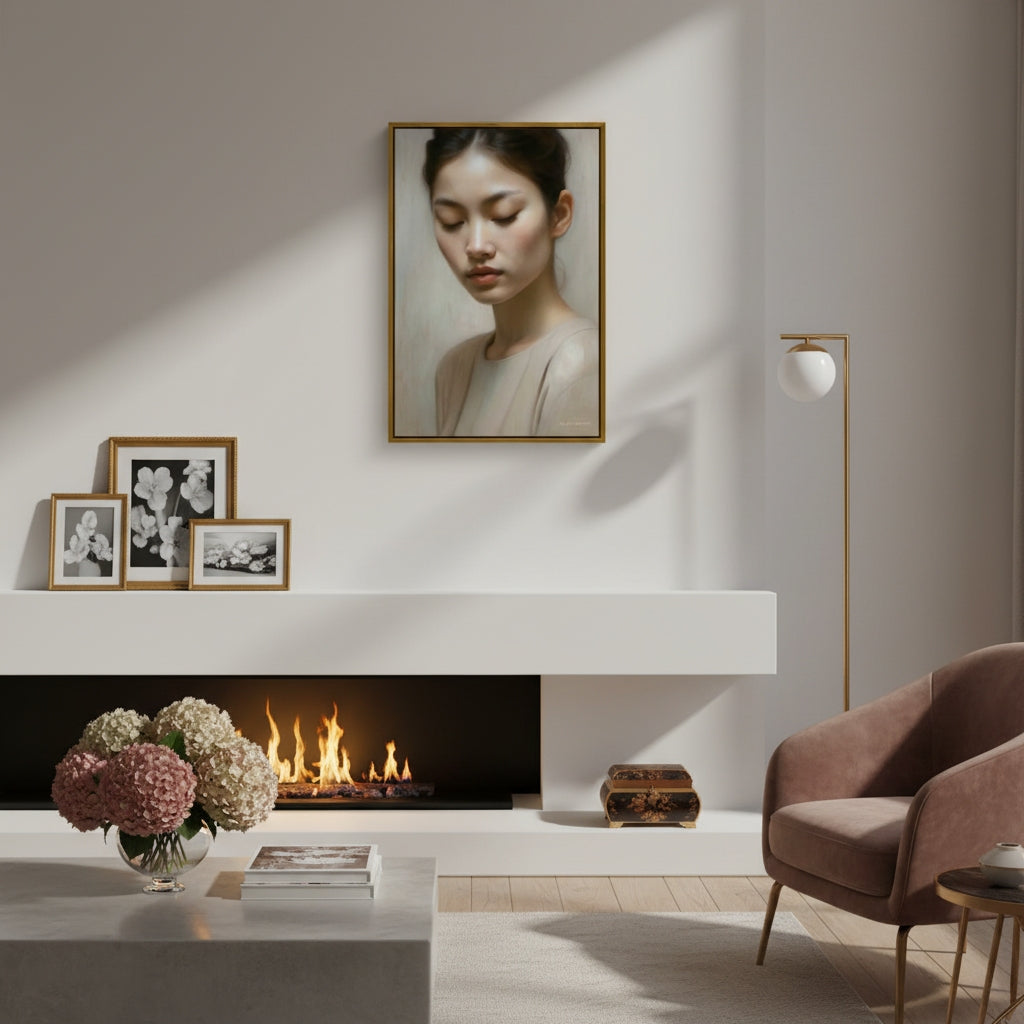 Modern living room with a fireplace, framed pictures, and a vase of flowers.