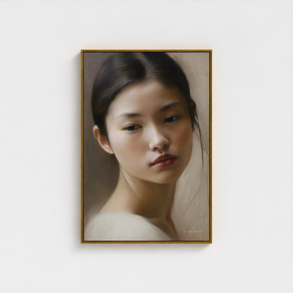 Framed portrait of a woman on a white wall