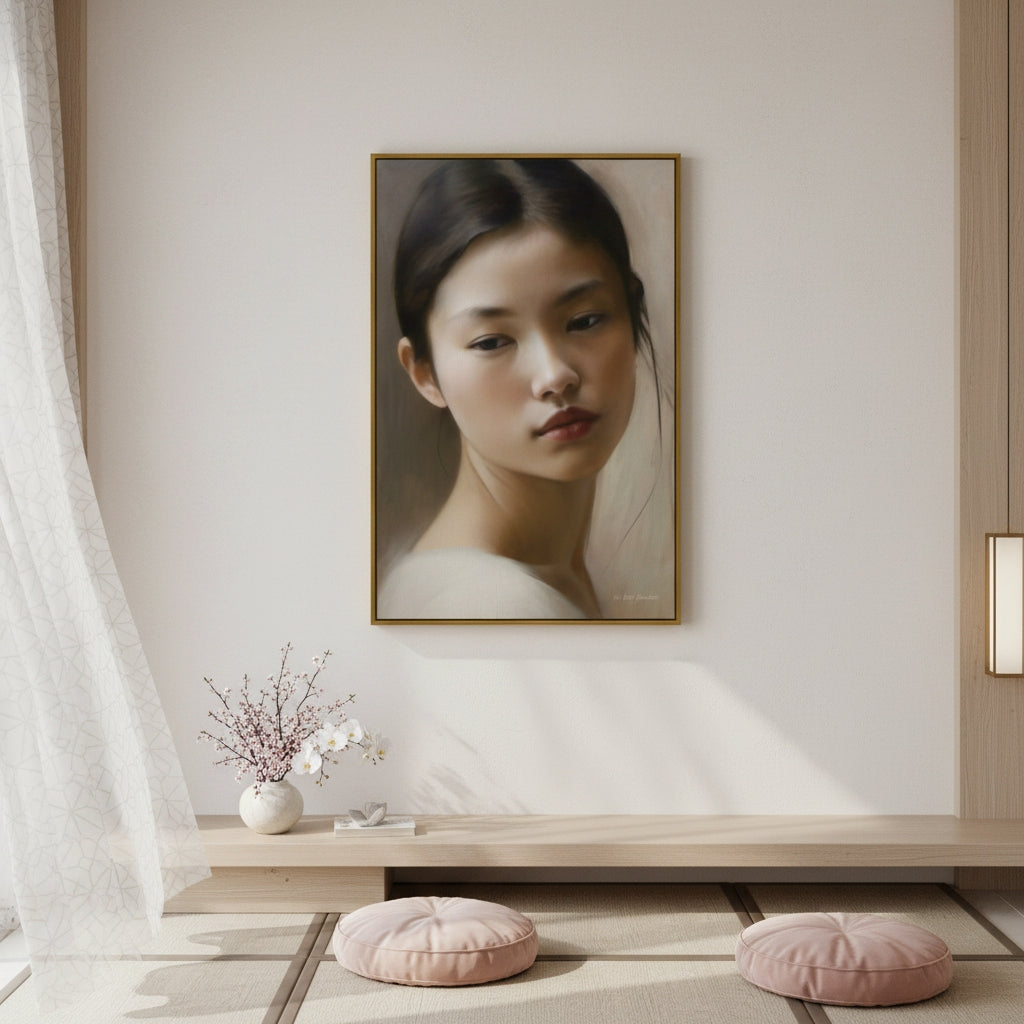 Portrait of a woman on a wall in a room with decorative elements.