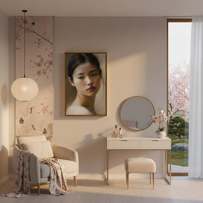Modern interior with a woman's portrait, round mirror, and floral decorations.