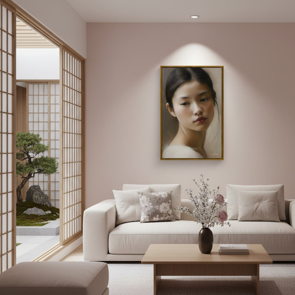 Modern living room with a framed portrait on the wall, a white sofa, and a small table with a vase.