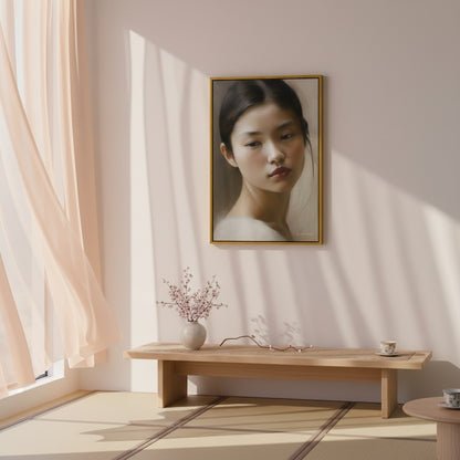 Portrait of a woman on a wall in a room with a wooden bench and decorative items.
