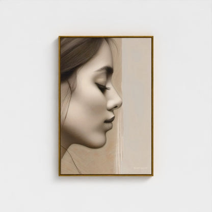 Framed artwork of a woman's profile on a white wall