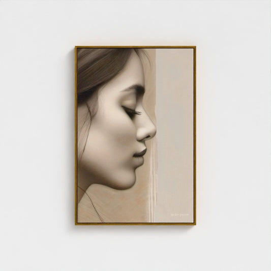 Framed artwork of a woman's profile on a white wall