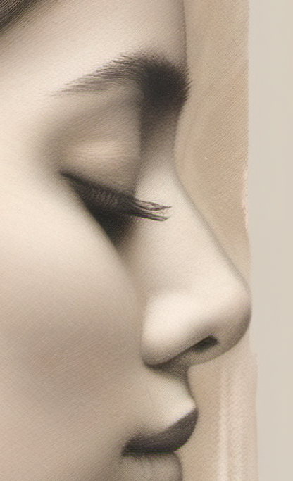 Close-up of a woman's face with a neutral expression, focusing on the eye and nose.