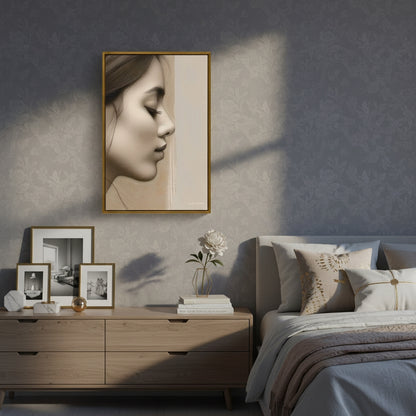 Modern bedroom with a wooden dresser, framed pictures, and a large wall art of a woman's profile.