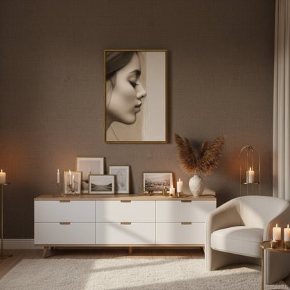 Modern interior with a white dresser, decorative items, and a framed portrait on a brown wall.