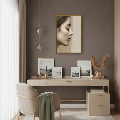 Modern interior design with a desk, chair, and wall art in a room.