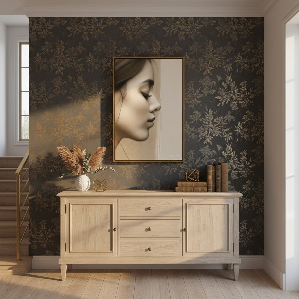 Decorative interior with a sideboard, framed portrait, and floral elements against a patterned wall.