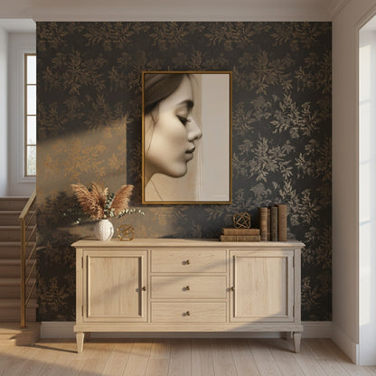 Decorative interior with a sideboard, framed portrait, and floral elements against a patterned wall.