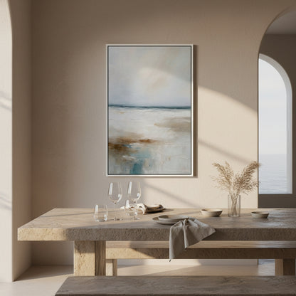 Dining room with a wooden table, abstract painting on the wall, and natural light.