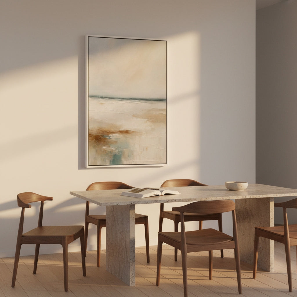 Dining room with a marble table and wooden chairs, featuring a large abstract painting on the wall.