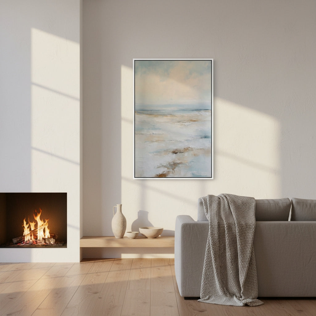 Living room with a fireplace, sofa, and abstract painting on the wall.