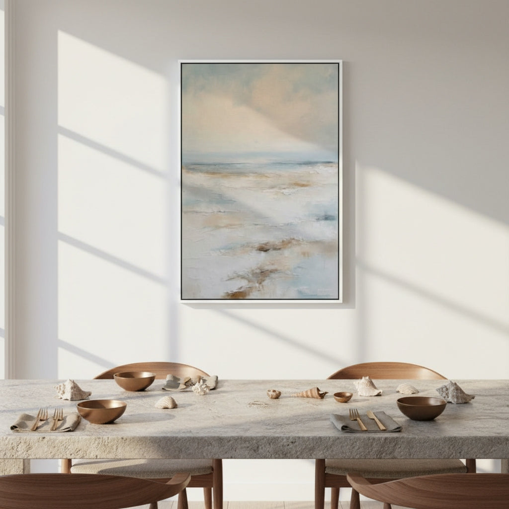 Dining room with a large abstract painting on the wall above a wooden table.